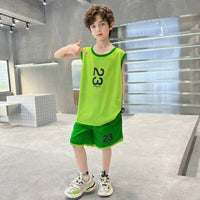 Boys Neon Green Number Print Vest With Shorts Sets Sets