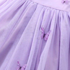 Girls Purple Butterfly Applique Tulle Overlay Fit & Flare Party Dress With Puff Sleeves Party Dresses