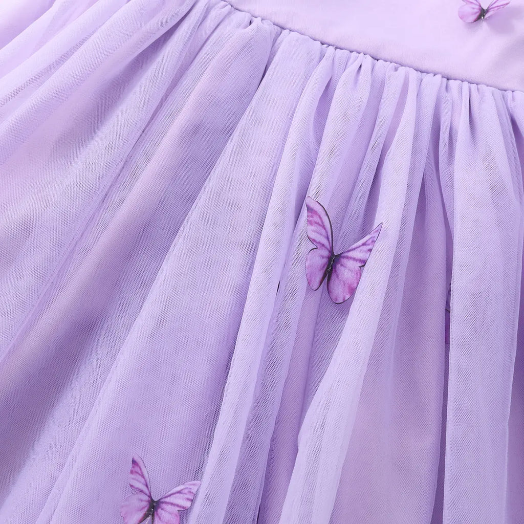 Girls Purple Butterfly Applique Tulle Overlay Fit & Flare Party Dress With Puff Sleeves Party Dresses