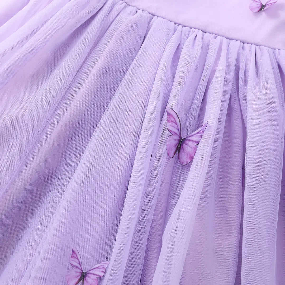 Girls Purple Butterfly Applique Tulle Overlay Fit & Flare Party Dress With Puff Sleeves Party Dresses