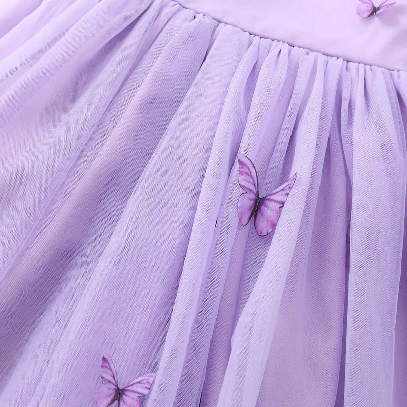 Girls Purple Butterfly Applique Tulle Overlay Fit & Flare Party Dress With Puff Sleeves Party Dresses