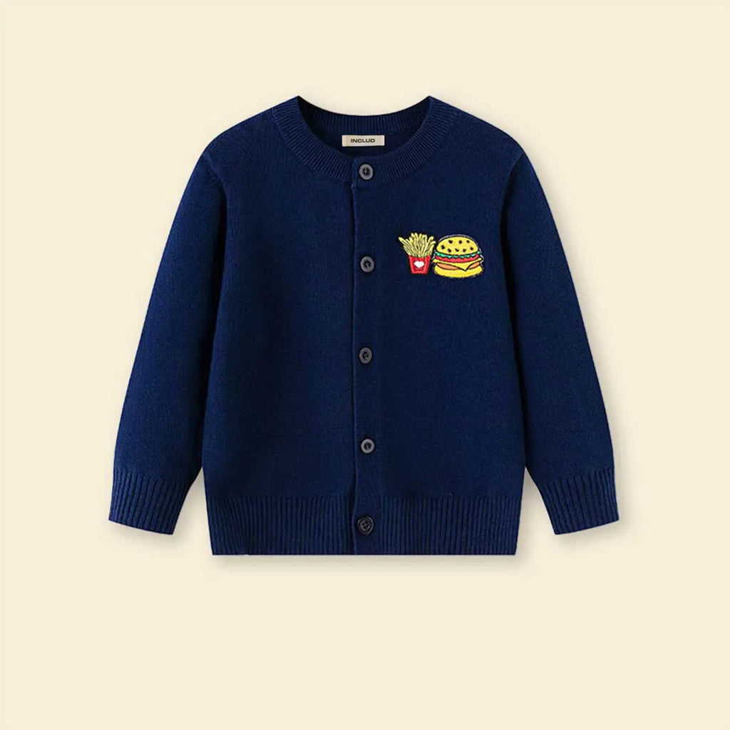 Girls Navy Blue Hamburger Embroidered Crewneck Cardigan Sweaters & Cardigans