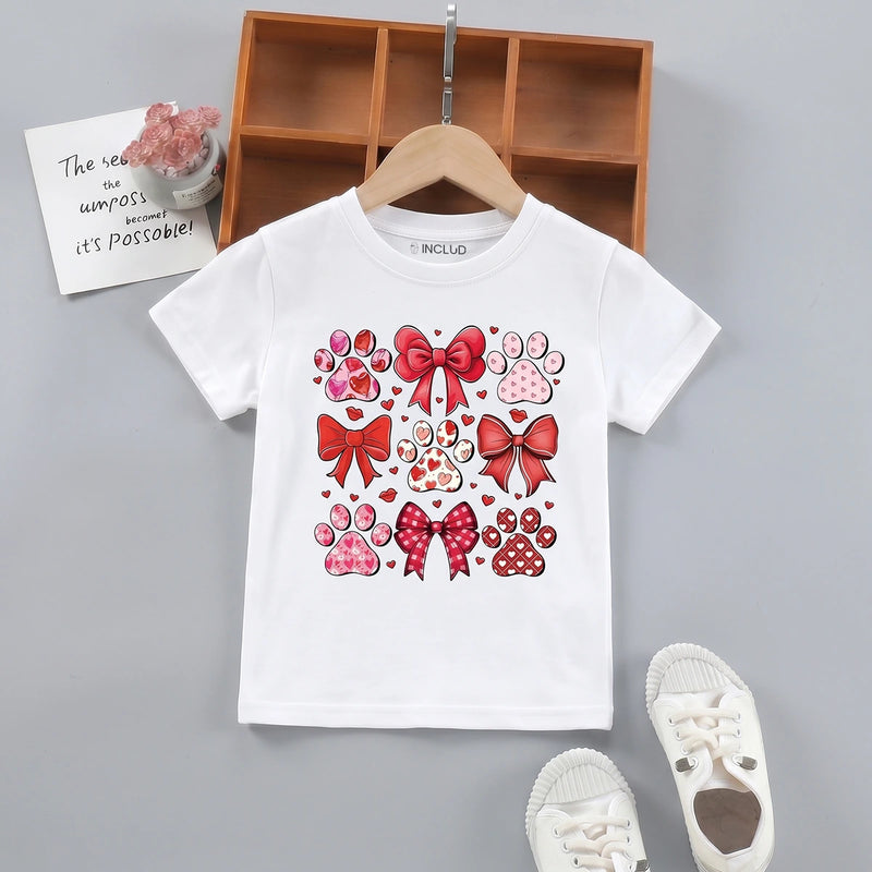 Girls White Bow Print Short Sleeve T-Shirt Tshirts White 1-2 Y