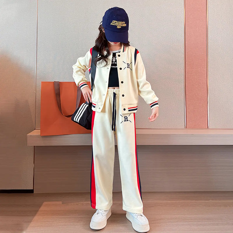 Girls Cream R Letter Printed Varsity Jacket With Pants Co-ord Sets Sets