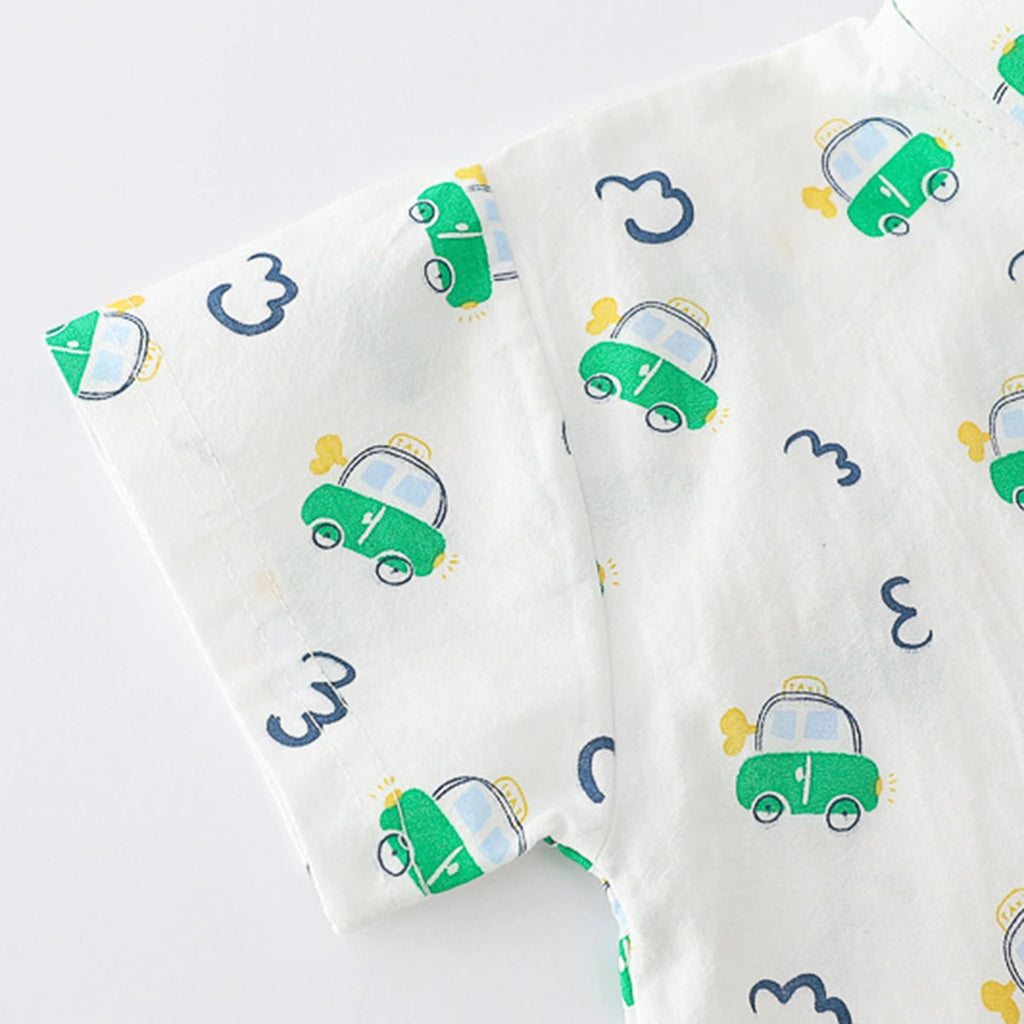 Boys Light Green Car Printed Short Sleeve Shirt With Denim Shorts Sets 2 pc. Sets