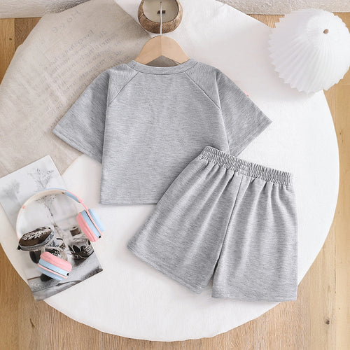 Girls Light Grey Typographic Print Raglan Sleeve T-Shirt With Shorts Sets 2 pc. Sets