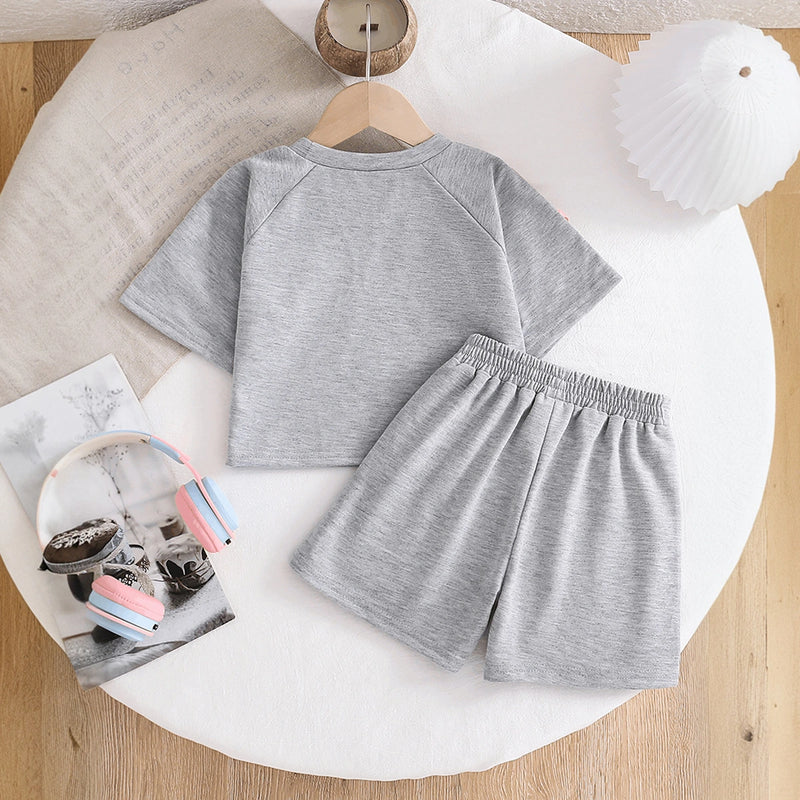 Girls Light Grey Typographic Print Raglan Sleeve T-Shirt With Shorts Sets 2 pc. Sets