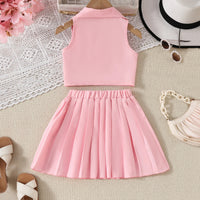 Girls Peach Flower Applique Sleeveless Top With Pleated Skirt Sets Sets