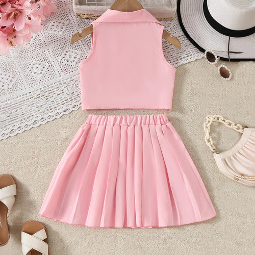 Girls Peach Flower Applique Sleeveless Top With Pleated Skirt Sets Sets
