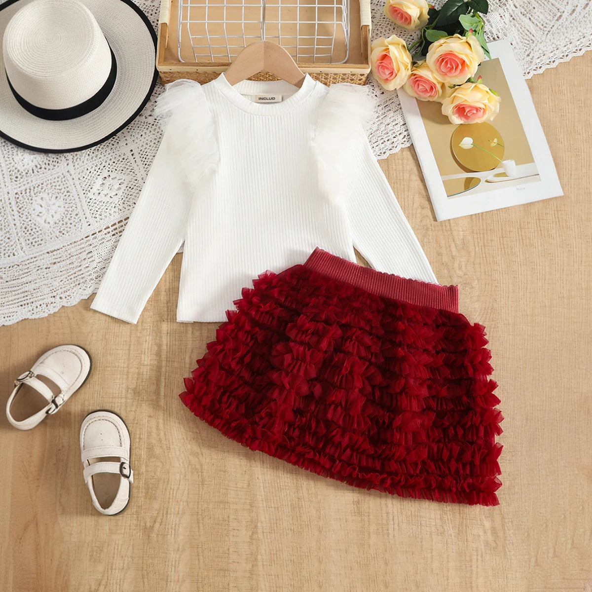 Girls Long Sleeves Top With Burgundy Tulle Ruffled Skirts Set Sets burgundy 2-3 Y
