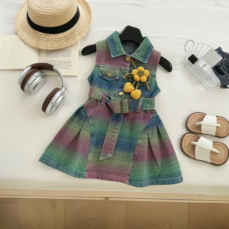 Girls Multicolor Stripes Sleeveless Drop Waist Dress Casual Dresses Multicolor 1-2 Y