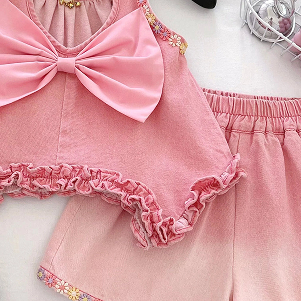 Girls Pink Floral Embroidered Ruffle Top With Elasticated Shorts Sets 2 pc. Sets