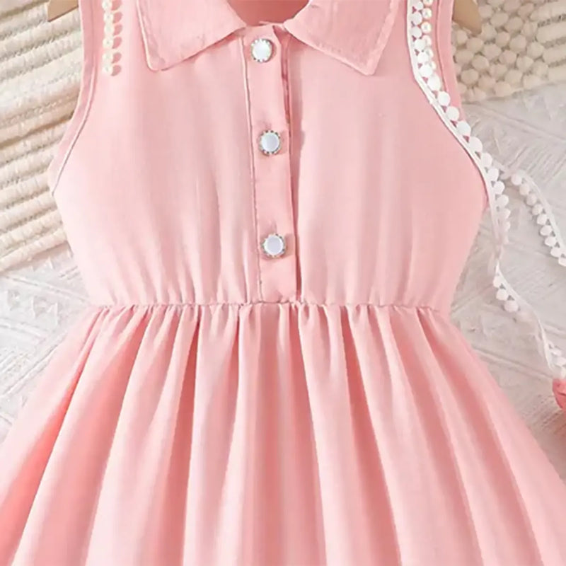 Girls Pink Sleeveless Fit & Flare Dress With Pearl Detailing Casual Dresses