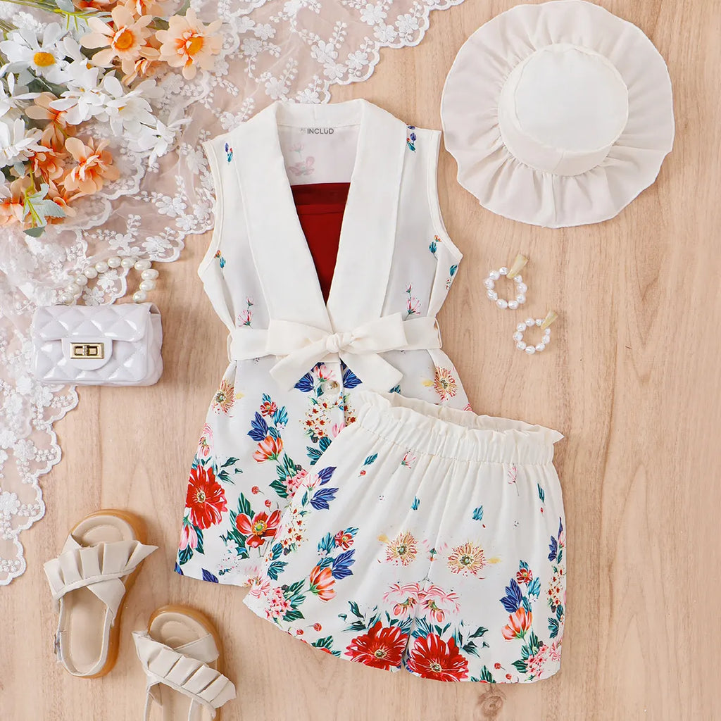 Girls White Floral Print Sleeveless Dress With Cami Top And Shorts Sets 3 pc. Sets White 3-4 Y
