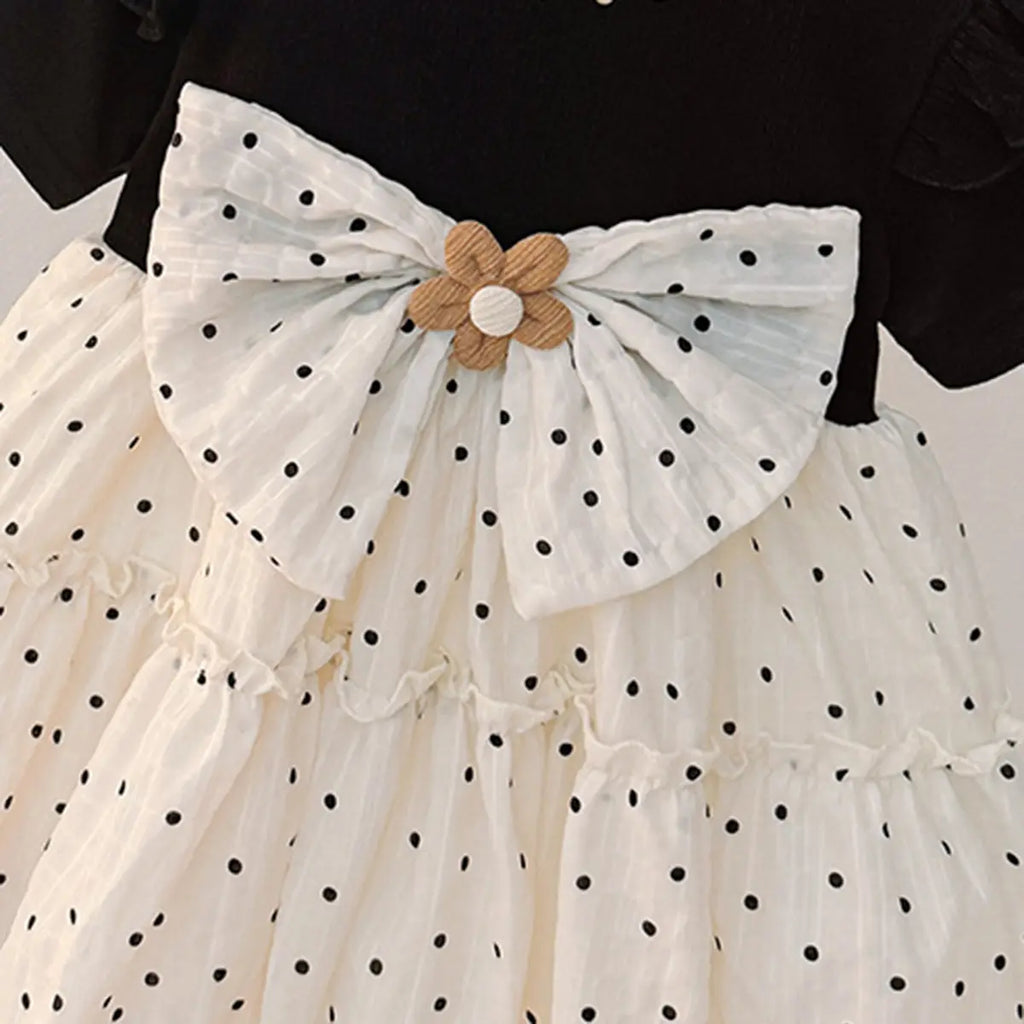 Girls Black Polka Dot Printed Short Sleeve Fit & Flare Dress with Embellished Neck Casual Dresses