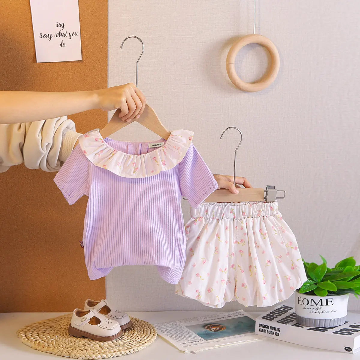 Girls Purple Short Sleeves Top With Printed Shorts Sets Sets Purple 1-2 Y