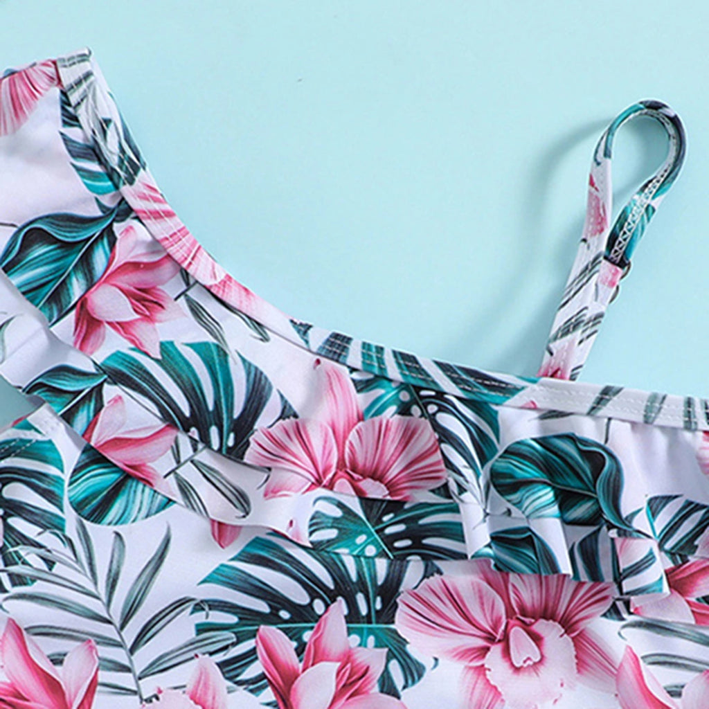 Girls White Tropical Printed One Shoulder Swimwear Bodysuit Beachwear