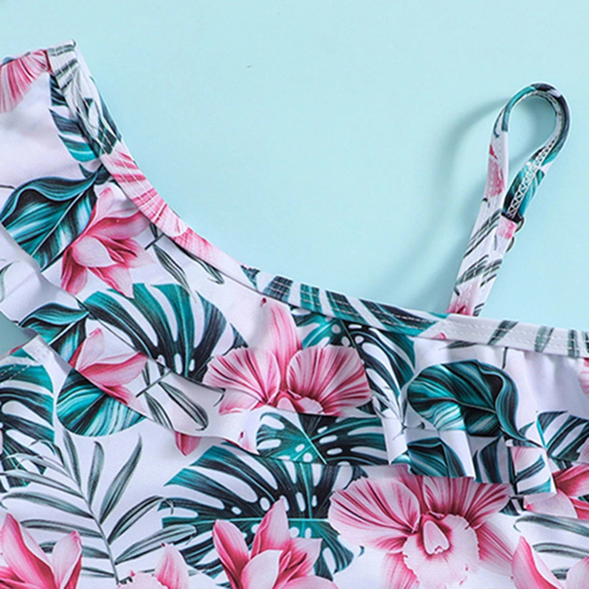 Girls White Tropical Printed One Shoulder Swimwear Bodysuit Beachwear