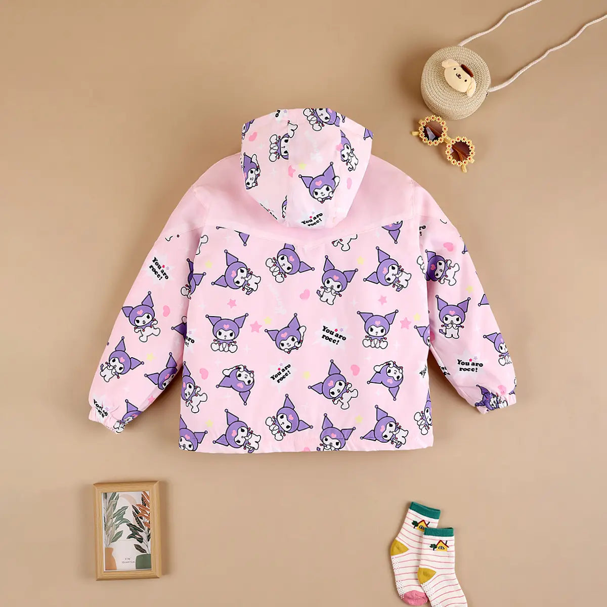 Girls Light Pink Kuromi Cartoon Printed Hooded Zipper Jacket Coats & Jackets
