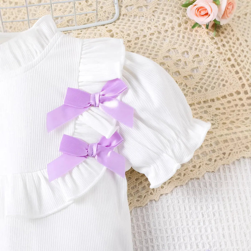 Girls White Textured Short Sleeve Top With Skirt Sets 2 pc. Sets