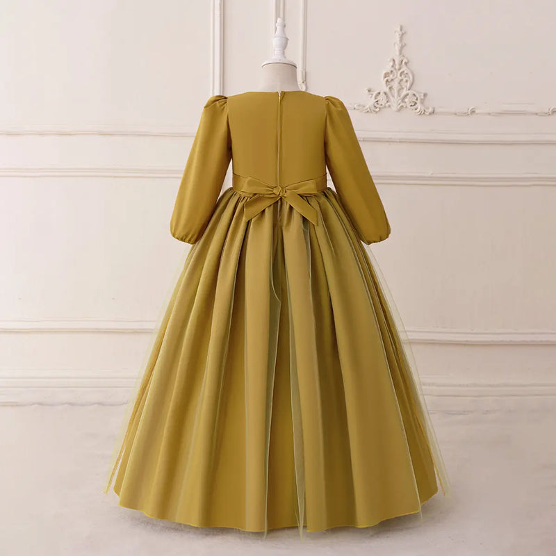 Girls Yellow Embroidered Maxi Dress With Puff Sleeves Casual Dresses