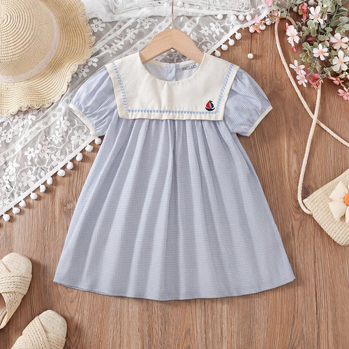 Girls Light Blue Checked Puff Sleeve A-line Dress Casual Dresses Light Blue 1-2 Y