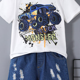 Boys White Monster Print Short Sleeve T-Shirt With Denim Shorts Set 2 pc. Sets