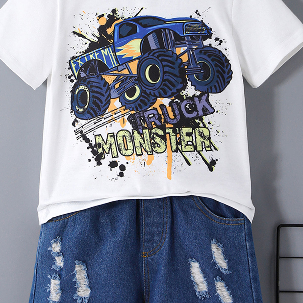 Boys White Monster Print Short Sleeve T-Shirt With Denim Shorts Set 2 pc. Sets