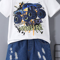 Boys White Monster Print Short Sleeve T-Shirt With Denim Shorts Set 2 pc. Sets