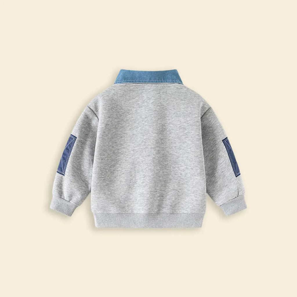 Boys Grey Solid Sweatshirt With Detachable Shirt Collar Sweatshirts & Hoodies
