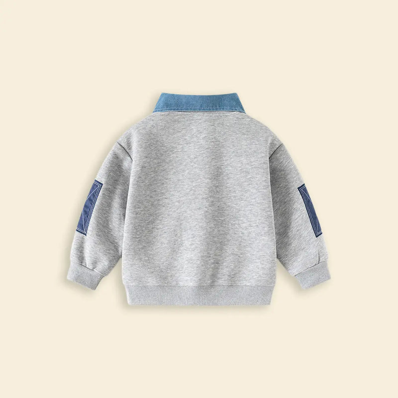 Boys Grey Solid Sweatshirt With Detachable Shirt Collar Sweatshirts & Hoodies