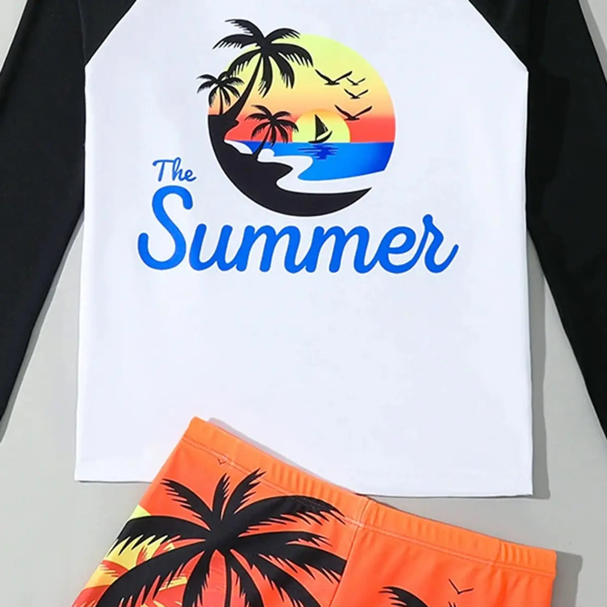 Boys Black Tropical Printed Long Sleeves T-Shirt & Shorts Swimsuit Sets Sets
