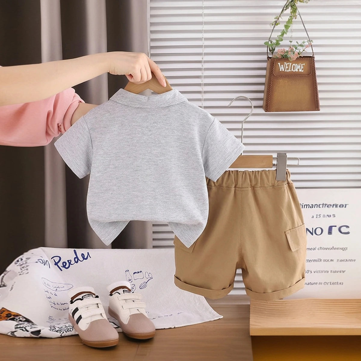 Boys Light Grey Animal Applique Short Sleeve Polo T-Shirt With Elasticated Shorts Sets 2 pc. Sets