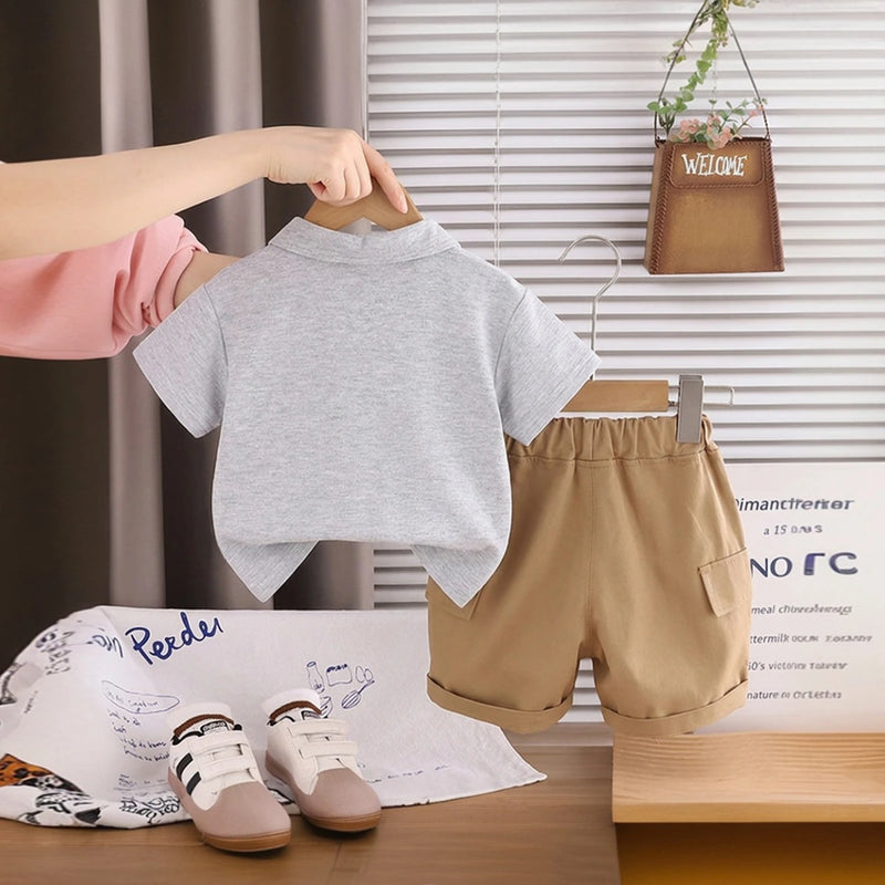 Boys Light Grey Animal Applique Short Sleeve Polo T-Shirt With Elasticated Shorts Sets 2 pc. Sets
