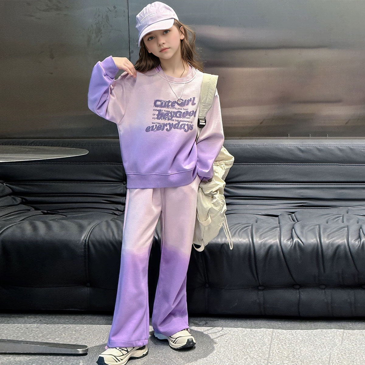 Girls Purple Typographic Printed Sweatshirt With Flared Pants Winter Co-ord Set 2 pc. Sets Purple 5-6 Y