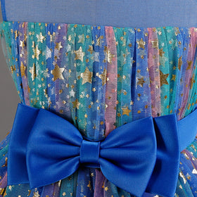 Girls Royal Blue Star Foil Print Sleeveless Fit & Flare Party Wear Dress Party Dresses