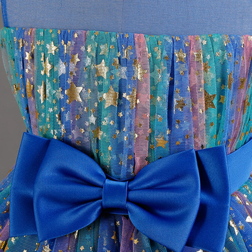 Girls Royal Blue Star Foil Print Sleeveless Fit & Flare Party Wear Dress Party Dresses