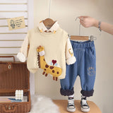 Boys Cream Giraffe Patch Embroidered Sweater Vest With Shirt & Denim Jogger Sets