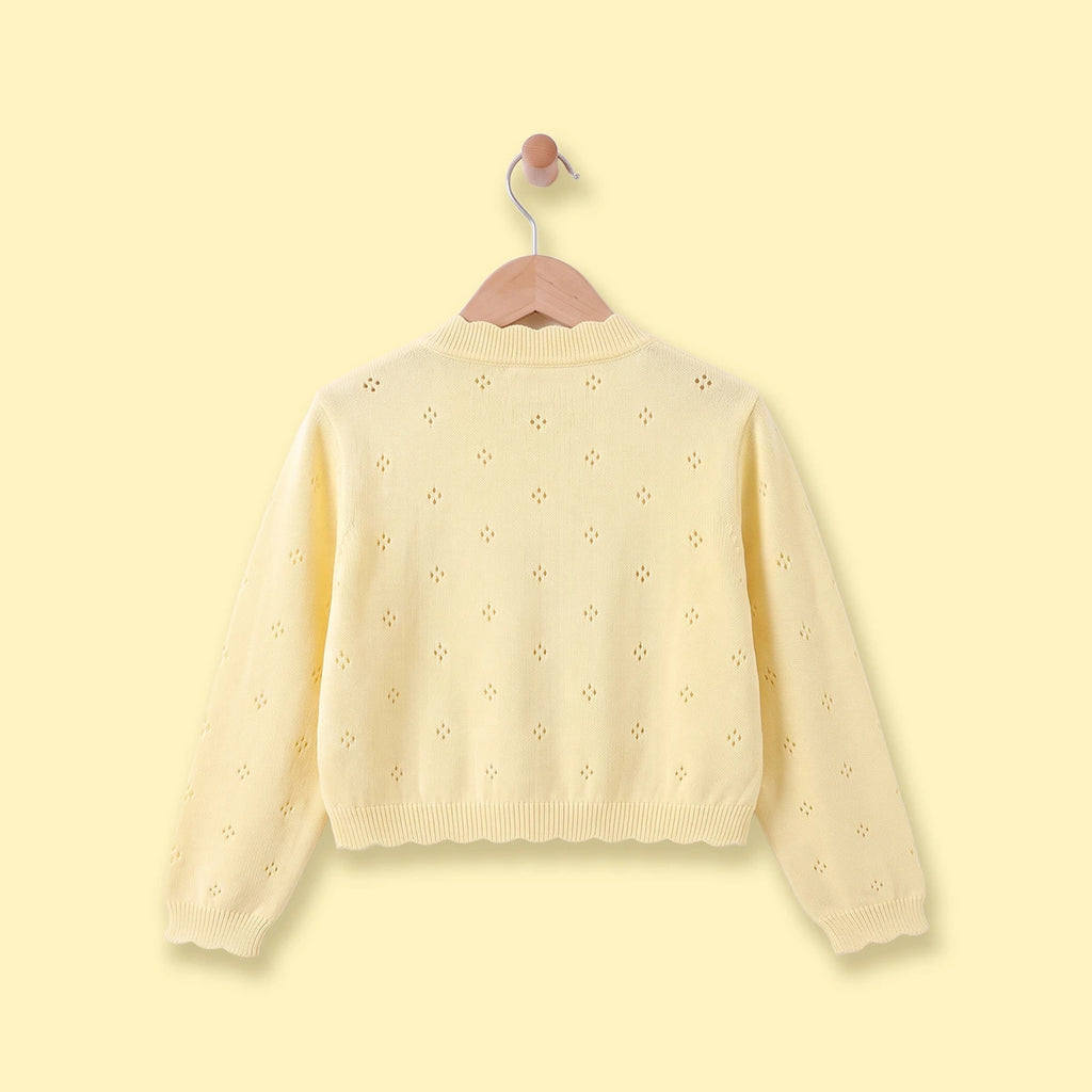 Girls Yellow Eyelet Bow Applique Cardigan Sweaters & Cardigans