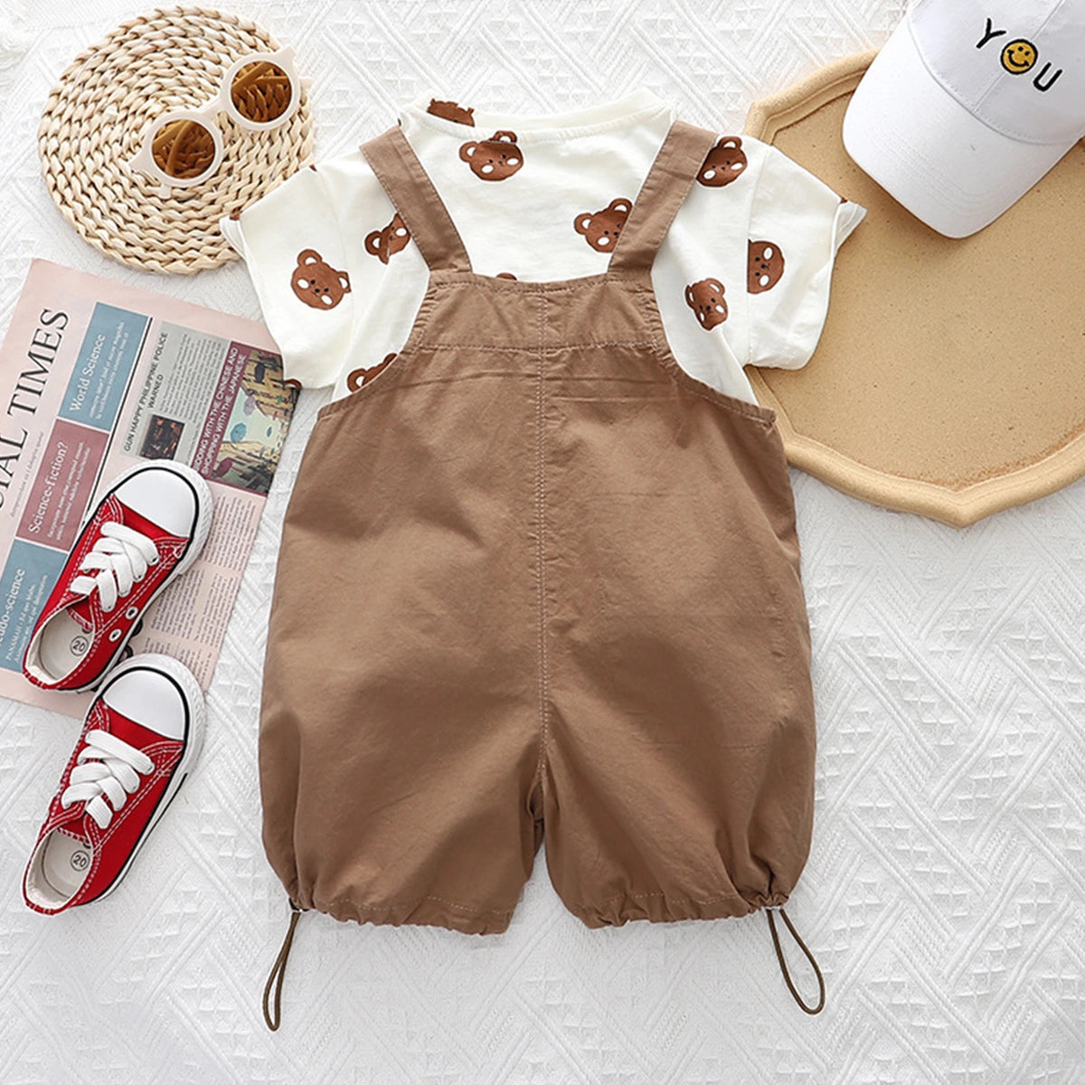 Boys Brown Bear Printed Round Neck T-Shirt With 3D Teddy Bear Applique Dungaree Sets 2 pc. Sets