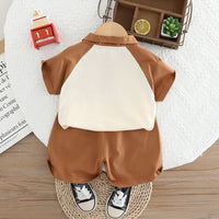 Boys Brown Raglan Sleeve Printed Polo T-shirt with Shorts Set 2 pc. Sets