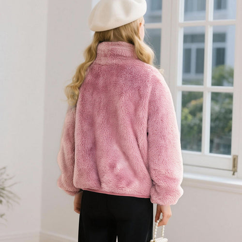 Girls Pink Solid Polar Fleece Zip Up Winter Jacket Coats & Jackets