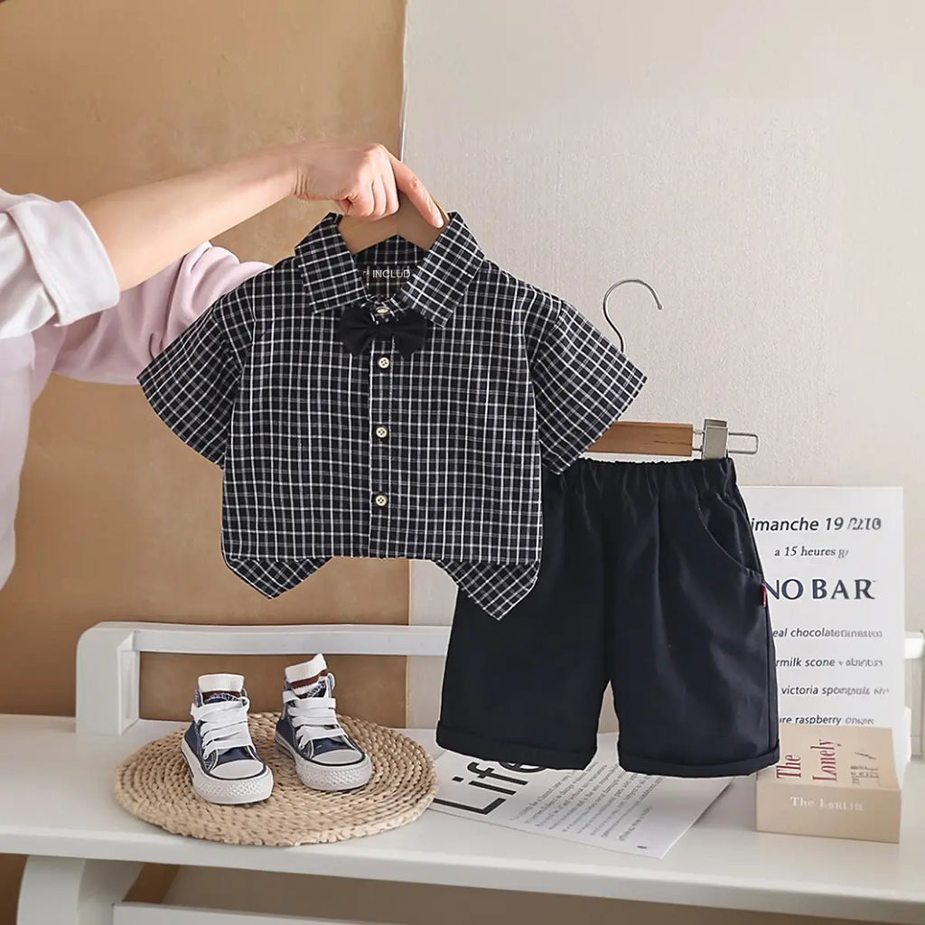 Boys Black Checked Button-Down Shirt With Shorts Sets Sets Black 1-2 Y