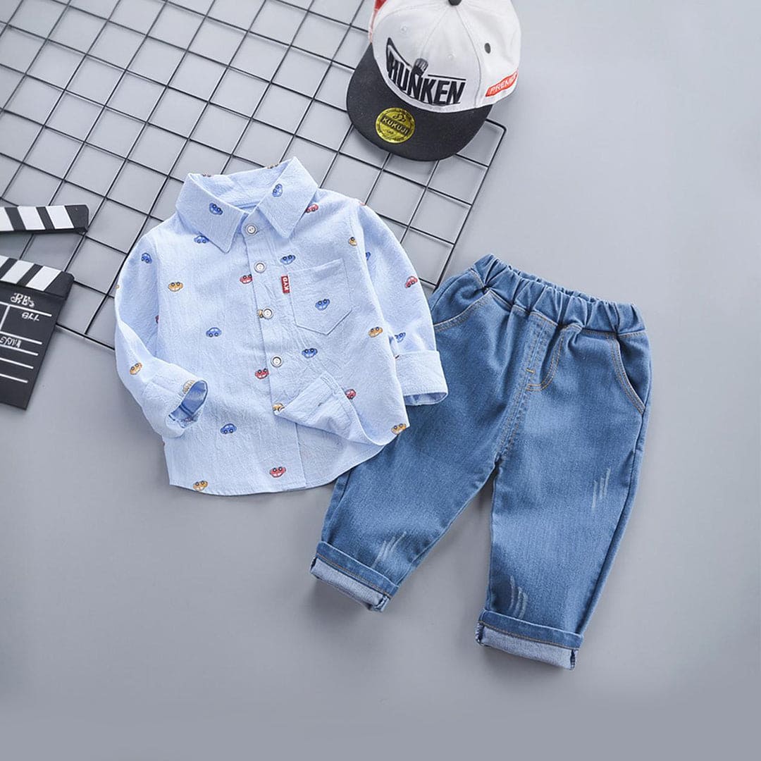 Boys Car Printed Long Sleeve Shirt With Denim Pant Set Sets