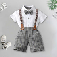 Boys Short Sleeve Shirt With Suspender Check Shorts Set 2 pc. Sets White 1-2 Y 