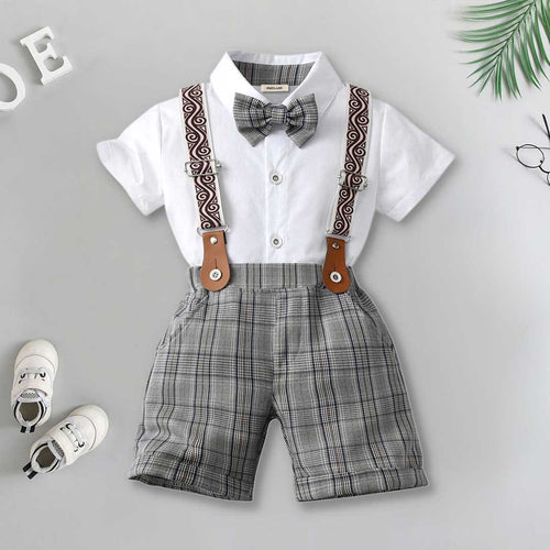 Boys Short Sleeve Shirt With Suspender Check Shorts Set 2 pc. Sets White 1-2 Y 