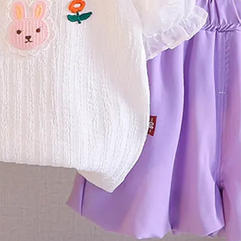 Girls Embroidered Puff Sleeves Top With Purple Bloomer-style Short Sets Sets