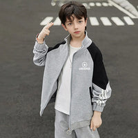 Boys Grey Typographic Printed Raglan Sleeves Zipper Jacket Coats & Jackets