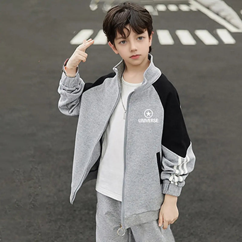 Boys Grey Typographic Printed Raglan Sleeves Zipper Jacket Coats & Jackets