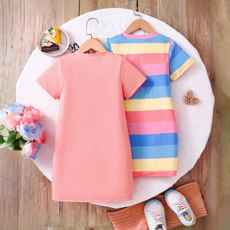 Girls Multicolour Striped Short Sleeve T-Shirt Dress Pack Of 2 Casual Dresses